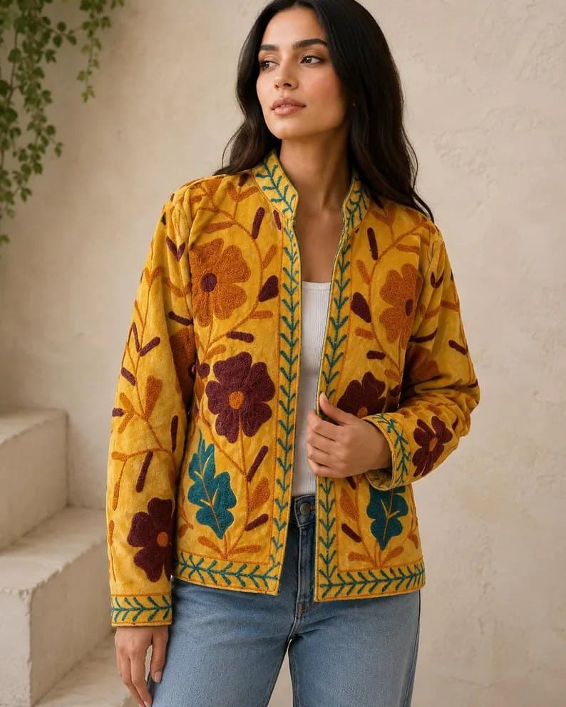 A model wearing a marigold Suzani jacket with maroon and teal flowers