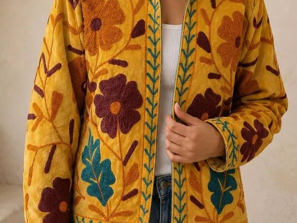 Back view of a mustard Suzani jacket with teal embroidery