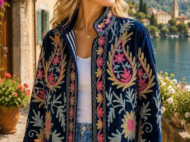 Back view of a burnt orange Suzani jacket with sun motifs