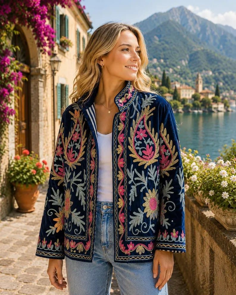 A navy velvet Suzani jacket with multicoloured floral embroidery, worn open over jeans in a sunlit lakeside setting