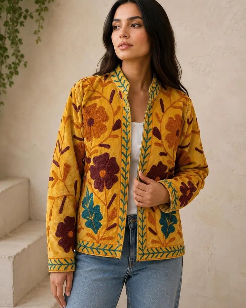 A marigold Suzani jacket with maroon and teal flowers, worn open over jeans against a warm stone wall