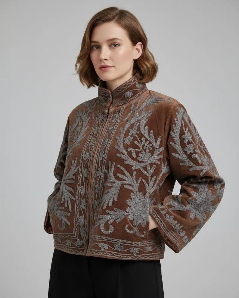 A taupe velvet Suzani jacket with soft grey floral embroidery, worn buttoned, photographed against a grey studio wall