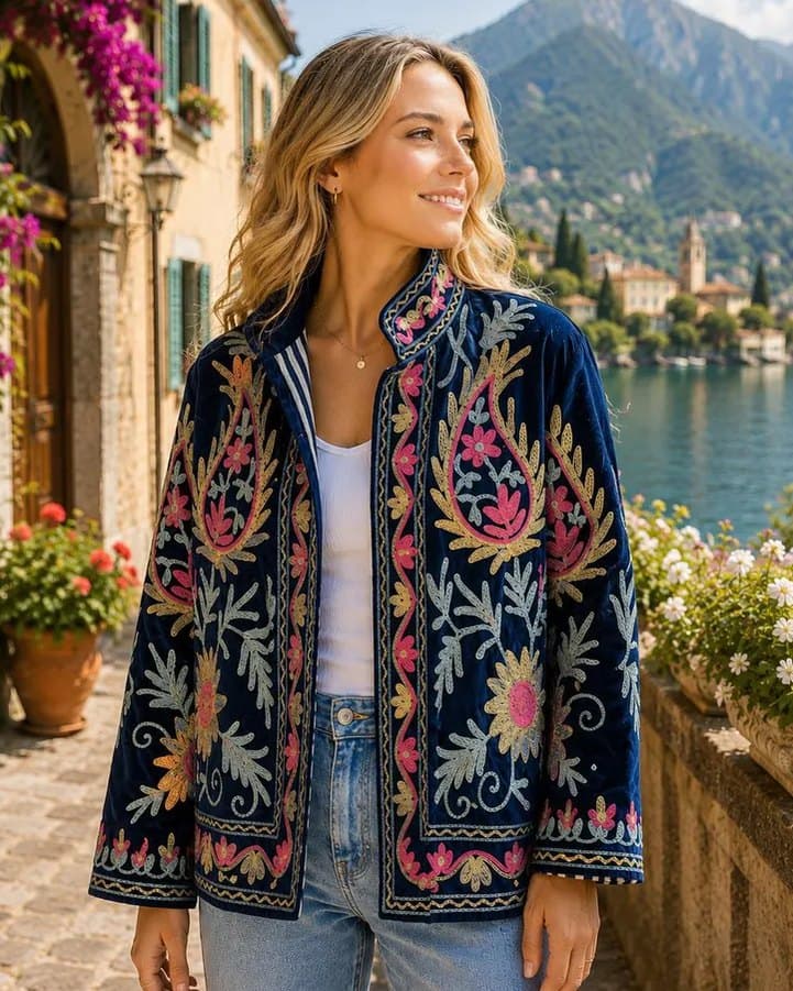 A navy velvet Suzani jacket with multicoloured floral embroidery, worn open, front panel detail