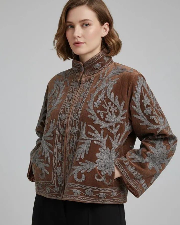 A taupe velvet Suzani jacket with soft grey floral embroidery, worn buttoned, upper body detail
