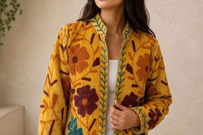 A model wearing a marigold Suzani jacket