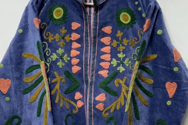 Close view of coral and green embroidery on periwinkle velvet