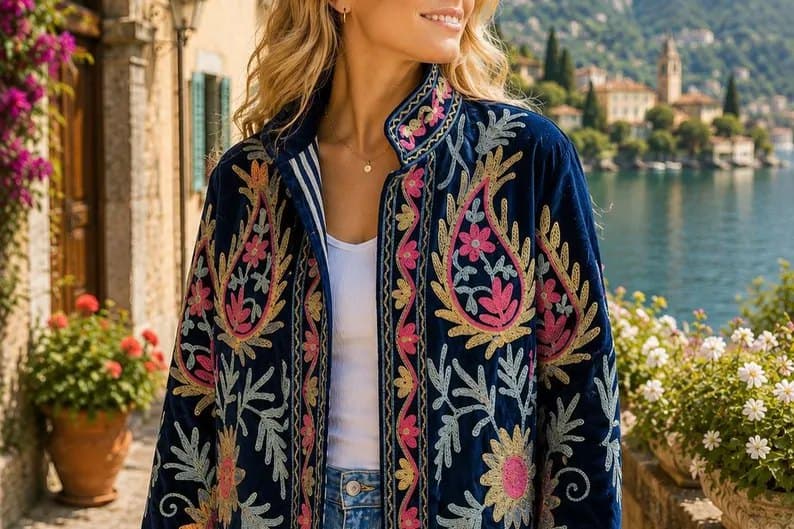 A model wearing a navy Suzani jacket in a lakeside setting
