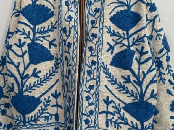 Back view of a navy Suzani jacket embroidered with folk motifs