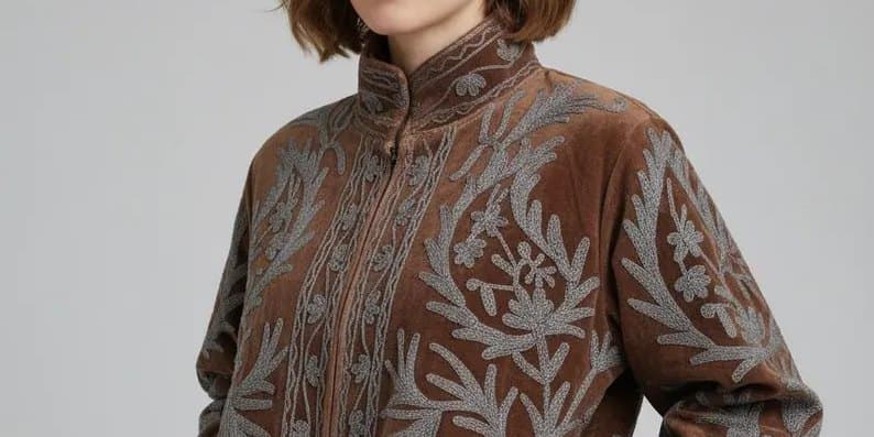 A taupe velvet Suzani jacket with soft grey floral embroidery